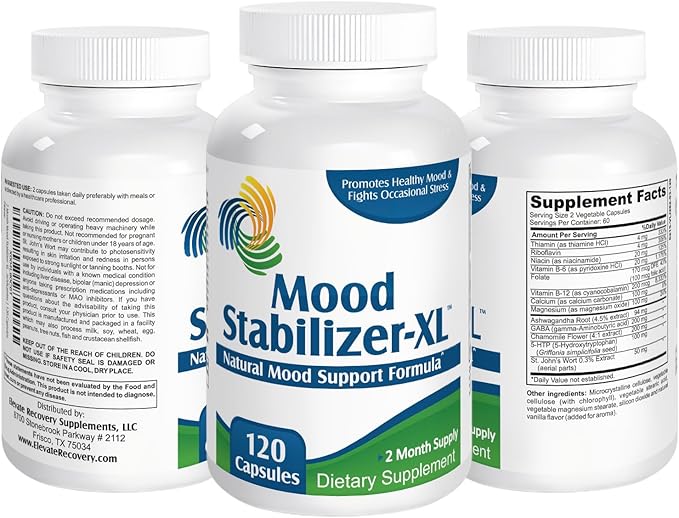 MOOD STABILIZER-XL | 2-Month Supply | Mood Support Blend Supplement | 13 Natural Ingredients | 5-HTP | Ashwagandha | GABA | St. John's Wort Extract | Healthy Mood Supplements & Vitamins | 120 Capsules