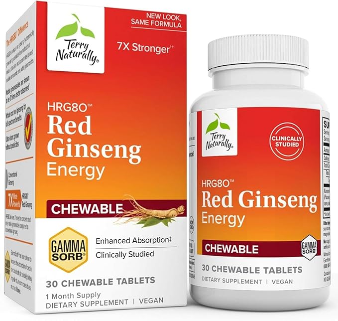 Terry Naturally HRG80 Red Ginseng Energy - Support Healthy Energy & Focus - Herbal Supplement with Korean Red Ginseng Root Powder - Vegan Tablets to Aid Healthy Endurance - 30 Chewable Tablets