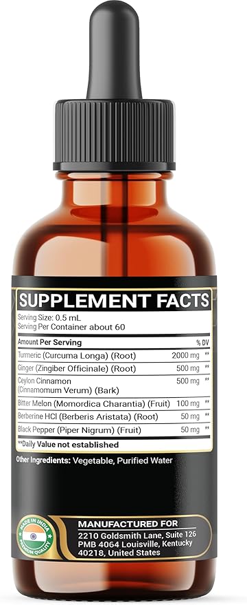 6in1 Liquid Turmeric Ceylon Cinnamon Berberine Ginger Bitter Melon & Black Pepper – Turmeric Supplement Drops for Digestive Health & Mobility – 1 FL OZ – 60 Servings