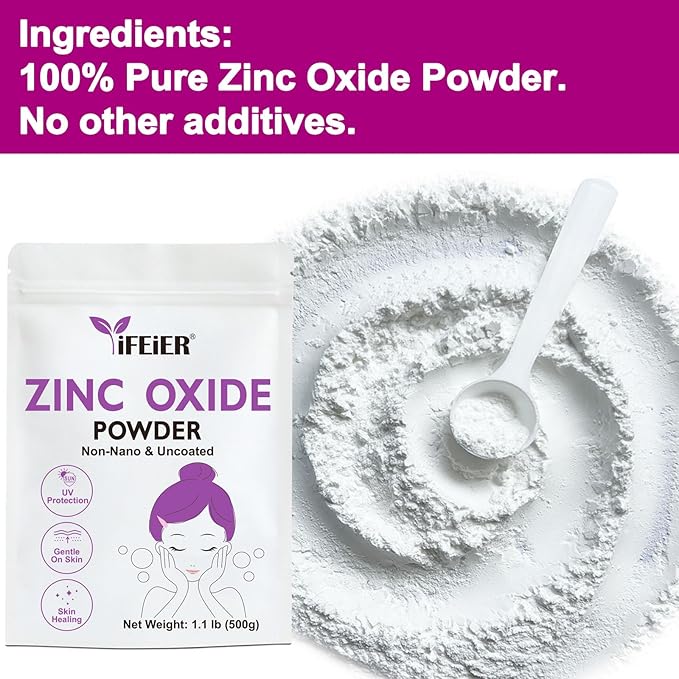 Zinc Oxide Powder | 500g(1.1 lb) 100% Pure Non Nano Uncoted Zinc Oxide Powder for Skin Protection | Cosmetics Grade Ideal for DIY Sunscreen, Lotion, Deodorant, and Skincare