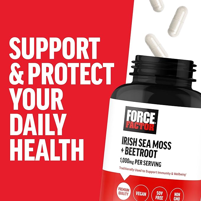 FORCE FACTOR Irish Sea Moss + Beet Root Supplement to Support Immunity, Circulation, Natural Energy, Heart Health, with Antioxidants, Non-GMO, Vegan-Friendly, Soy-Free, 120 Vegetable Capsules