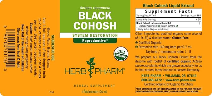 Herb Pharm Certified Organic Black Cohosh Liquid Extract for Female Reproductive System Support - 4 Ounce