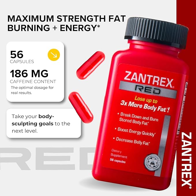 Zantrex Red Fat Burner & Active Energy Booster Supplement | Supports Body Sculpting, Increased Focus & Workout Performance | 56 Capsules