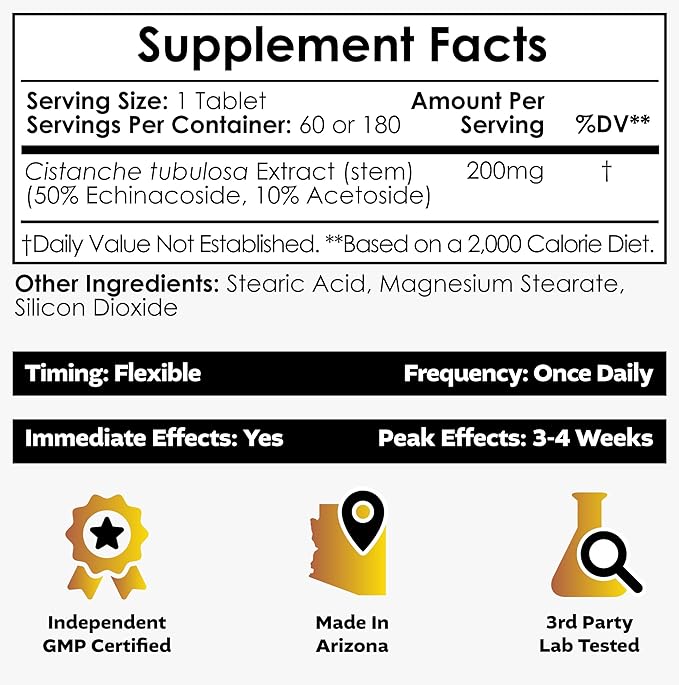 Nootropics Depot Cistanche tubulosa Tablets | 200mg | 60 Count | Minimum 50% Echinacoside + 10% Acetoside (Verbascoside) | Promotes Physical Strength and Energy | Promotes Vitality