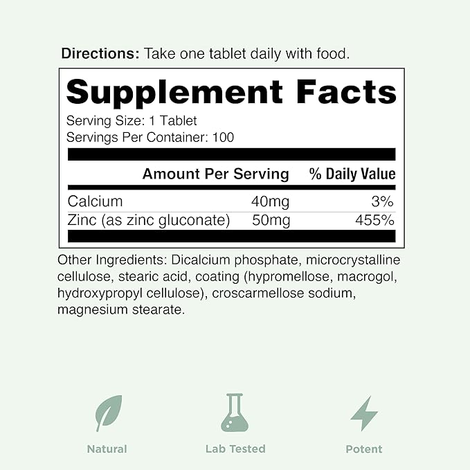 Yuve Natural Vegan Zinc Supplements 50mg, Immune Support, Fast Relief from Colds and Flu, Acne Free Skin, Healthy Hormone Levels, Non-GMO, Gluten & Sugar Free - 100 Vegetarian Tablets