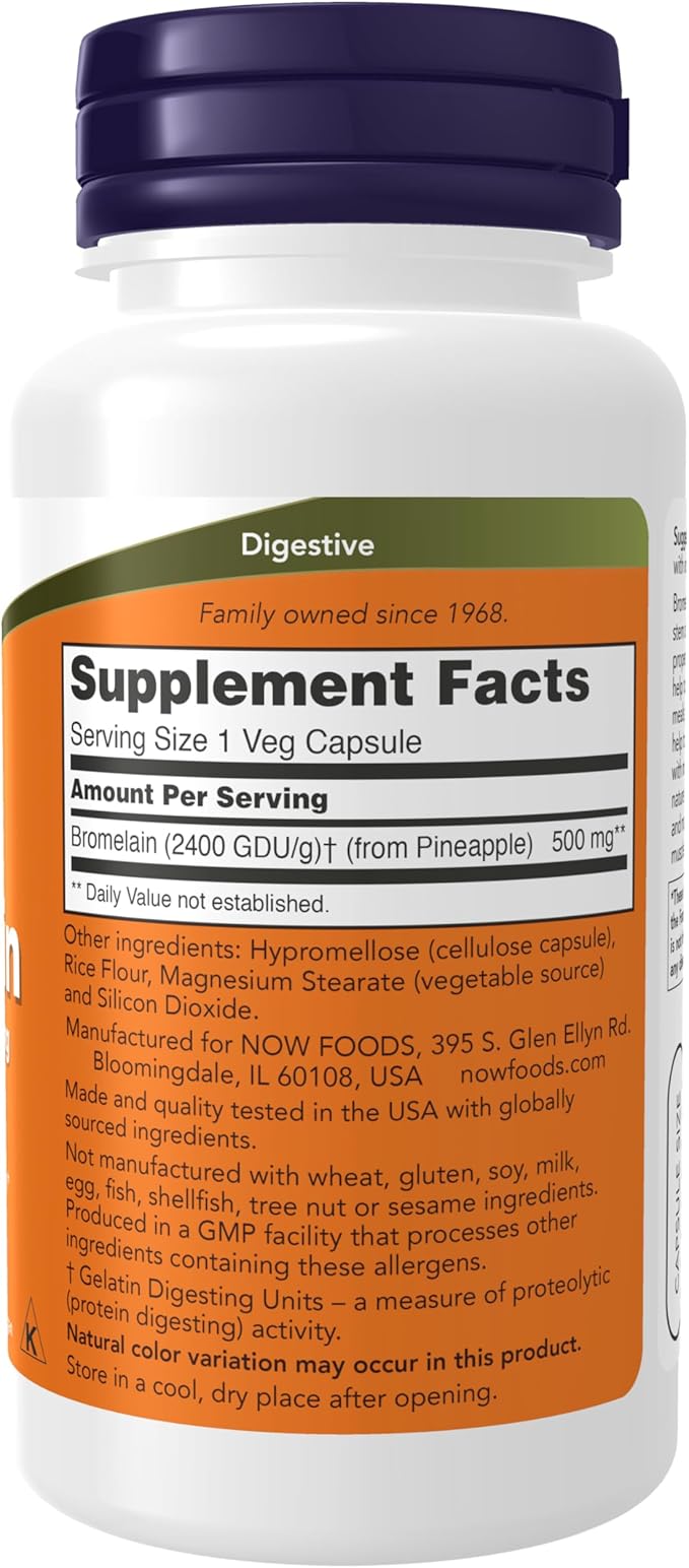 NOW Foods Supplements, Bromelain (Natural Proteolytic Enzyme) 2,400 GDU/g - 500 mg, Natural Proteolytic Enzyme*, 60 Veg Capsules