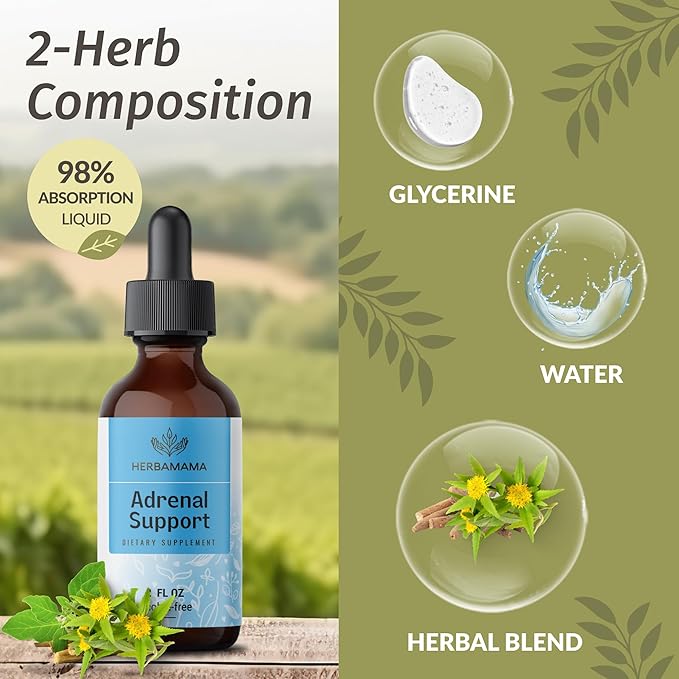HERBAMAMA Herbal Liquid Drops Kit - Bundle of Nerve Support & Adrenal Support Liquid Complex Drops 2 fl oz - Vegan, Non-GMO, Sugar & Alcohol-Free - 2 Pack