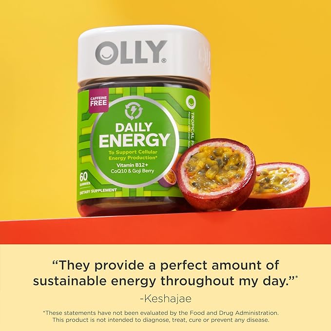 OLLY Daily Energy Gummy, Caffeine Free, Vitamin B12, CoQ10, Goji Berry, Adult Chewable Supplement, Tropical Flavor - 60 Count (Pack of 2)