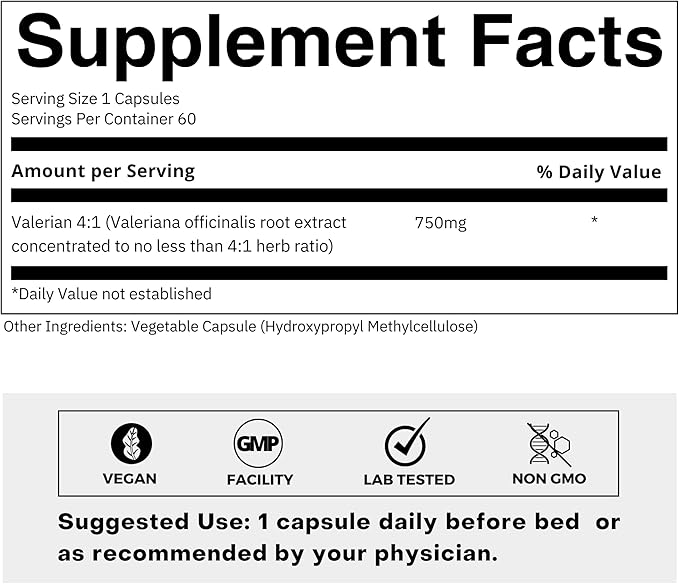 Valerian Root 4:1 Extract Capsules 750mg – Optimized Active Purity – 4X Concentration Valerian Root Extract Supplement - Gluten Free, Non-GMO – Promotes Relaxation - 60 Capsules