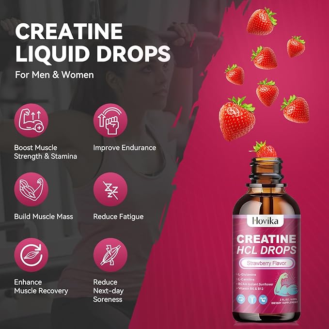 Creatine HCL Liquid Drops for Men & Women, Creatine Hydrochloride with L-Carnitine, L-Glutamine, BCAA, Vitamin B12 & B6 for Muscle Growth, Promote Energy & Recovery-Vegan, Strawberry Flavor, 2 Fl Oz