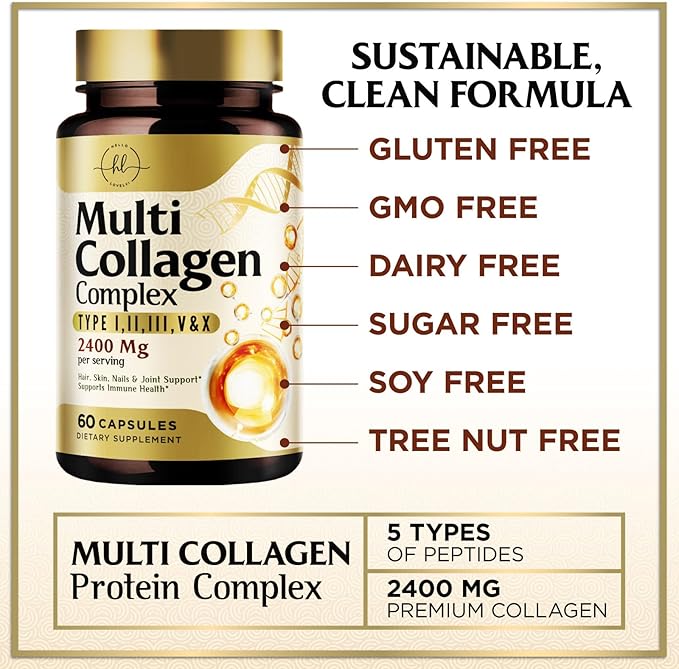 Collagen Peptides for Women – 2400mg Per Serving – Multi Collagen Capsules with Types I, II, III, V & X – Hydrolyzed Collagen Supplement Vital Hair, Skin, Nails, Joints & Bones Support – 60 Capsules
