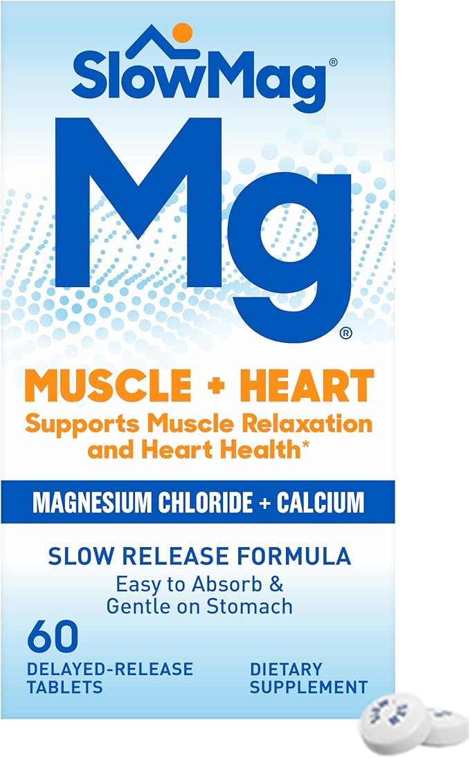 SlowMag Muscle + Heart Magnesium Chloride with Calcium Supplement to Support Muscle Relaxation, Occasional Muscle Cramping & Heart Health, High Absorption, 60 Count