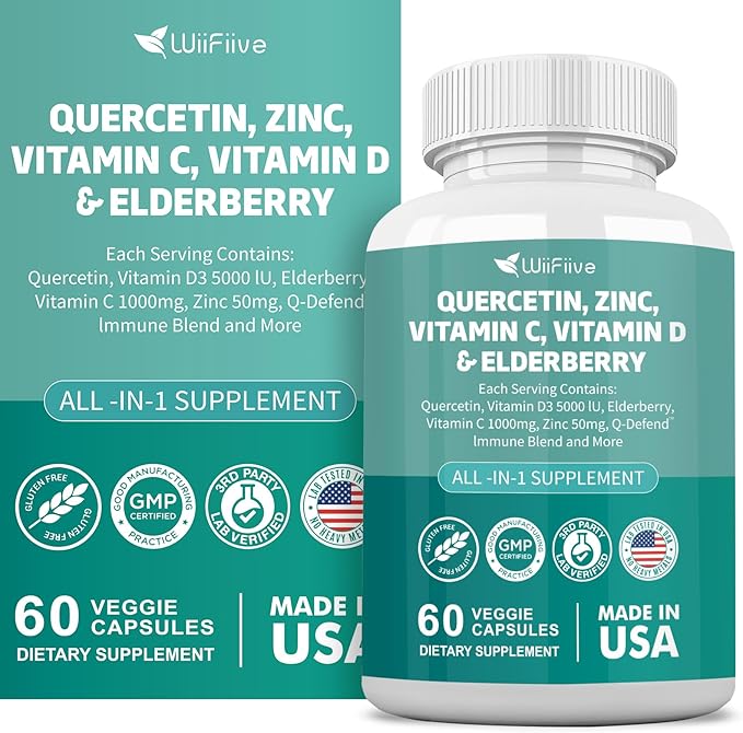 60 Count Quercetin 50 mg Zinc 1000 mg Vitamin C 5000 IU Vitamin D3 1000 mg Turmeric 1000 mg Elderberry with Q-Defend Immune Blend Reisshi Nettle Arteemisinin, Non-GMO, Free Supports Health