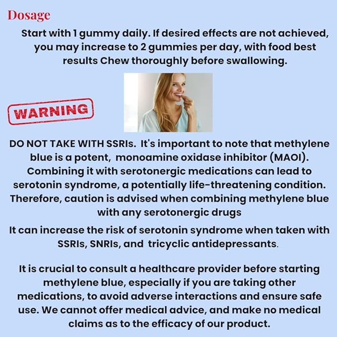 Methylene Blue gummies 12mg Methylene blue for humans with Added Vitamin C, NAD ,L Methylfolate, Methylcobalamin b12, Mitochondrial Support, Brain health & Focus, Clarity, methylated vitamins