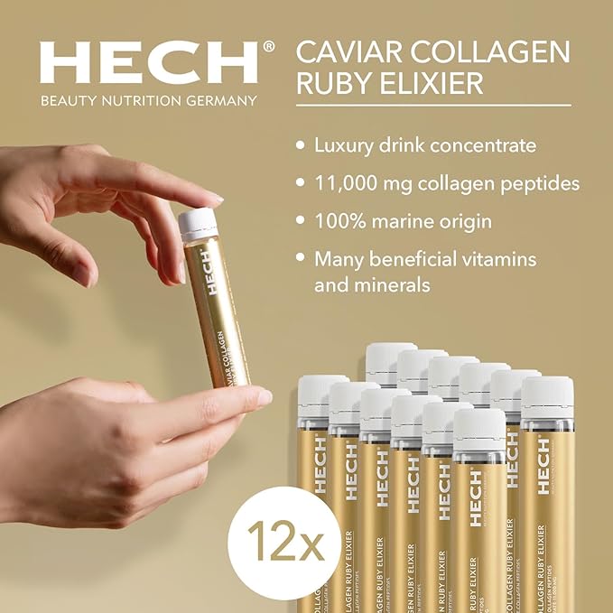 HECH Caviar Collagen Ruby Elixier - Beauty Supplement with 11,000 mg Marine and Caviar Collagen Peptides, Polyphenols and Complex of 9 bioactive Vita-Mineral Nutrients