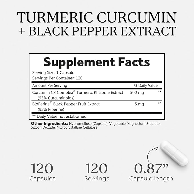 Turmeric Curcumin C3 Complex 500 mg, Enhanced with Black Pepper for Better Absorption; Kosher Certified, Non-GMO and Gluten Free - Standardized 95% Curcuminoids - 120 VegCaps