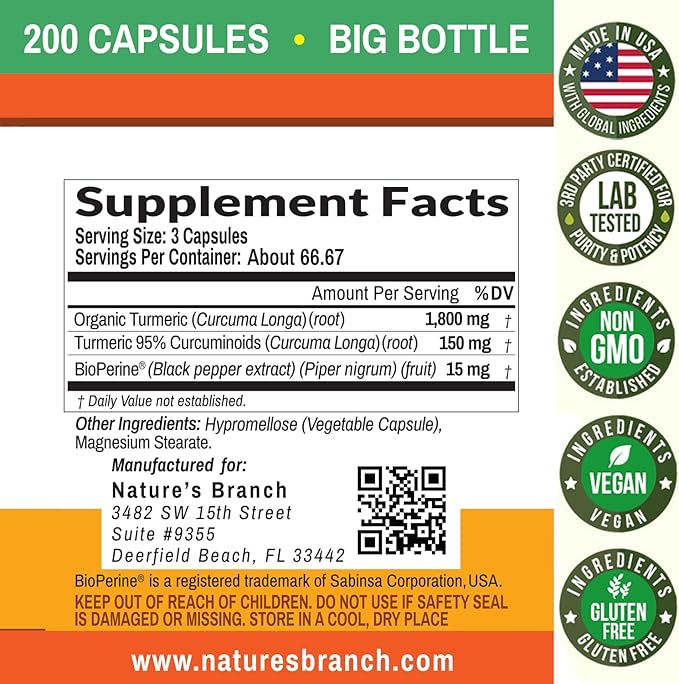 Turmeric Curcumin with Black Pepper Extract - Organic Powder 200 Capsules - 1965mg Extra Strength Joint Support Supplement, High Absorption, BioPerine Complex, High Potency, Vegan Pills, Made in USA