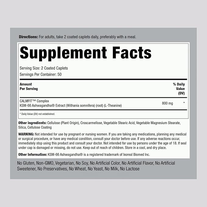 Piping Rock KSM-66 Ashwagandha L-Theanine | 800mg | 100 Caplets | Root Extract | Advanced Complex Supplement | Vegan, Non-GMO, Gluten Free