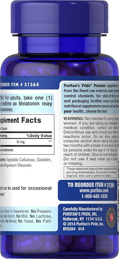 Puritan's Pride Premium Super Strength Melatonin 10mg Sleep Aid, Dietary Supplement for Sound, Restful, and Longer Sleep Support, 4 Month Supply, 120 Rapid Release Capsules (Packaging May Vary)