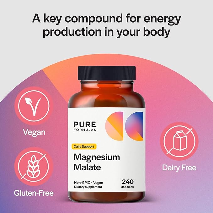 PureFormulas Magnesium Malate Capsules - Chelated Magnesium as Di-Magnesium Malate - Highly Bioavailable Form to Support Energy, Bone Health + Muscle Recovery, malato de magnesio 360 mg - 240 Capsules