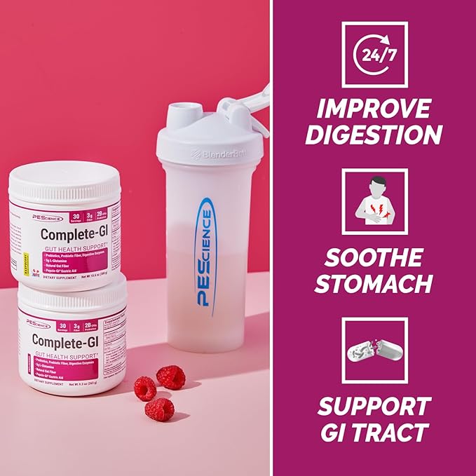 PEScience Complete-GI Gut Health Powder, Raspberry, Probiotics for Women and Men, Digestive Enzymes, Prebiotic Fiber, L Glutamine, Zinc Carnosine, 30 Servings