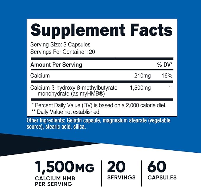 Nutricost myHMB Capsules 1,500MG Calcium HMB Per Serving, 60 Capsules, 20 Servings - Performance Line, Calcium B-Hydroxy B-Methylbutyrate Monohydrate