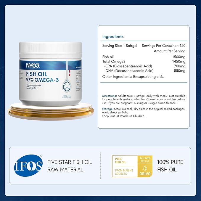 Omega 3 Fish Oil 1500mg with DHA & EPA Fatty Acids, 97% Omega 3 Supplement 120 Softgel –Burpless for Heart, Brain & Joint Health