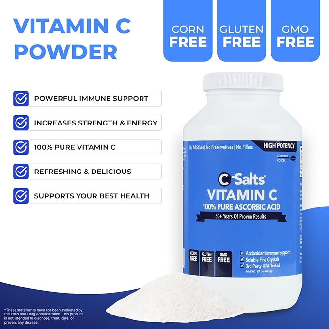 C-Salts Pure Ascorbic Acid Powder - High Dose 100% Pure Vitamin C Powder Supplement for Immune Support - Sugar-Free Powdered Drink with Soluble Fine Crystals, Organic, Corn-Free Non-GMO 24oz