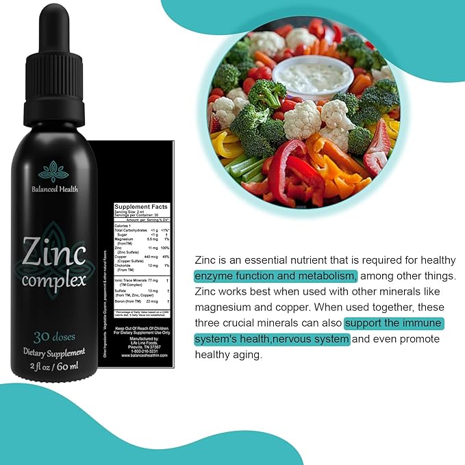 Zinc Complex - 30 Servings, 2oz, Peppermint Flavor, Vegan Liquid Ionic Zinc Sulfate Drops Plus Trace Minerals for Daily Immune System Support