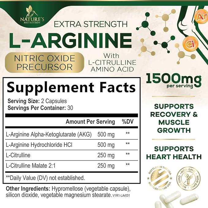 L-Arginine Supplement 1000mg - Heart Health Support - Premium Muscle Supporting Nitric Oxide Precursor Booster for Extra Strength - Gluten Free, Amino Acid Energy Blend For Men - 60 Capsules