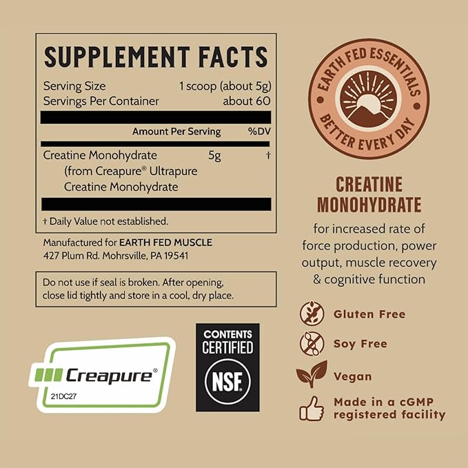 Earth Fed Muscle Transcend Creatine Monohydrate - 100% German Creapure, Muscle Recovery, Muscle Building, Cellular Energy Production - Gluten Free, Soy Free - Unflavored 5g per Serving, 60 Servings