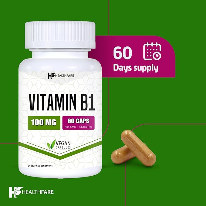 Vitamin B1 100mg | 60 Capsules | Thiamine Supplement | Supports Overall Health | Non-GMO | Gluten Free (60 Capsules)