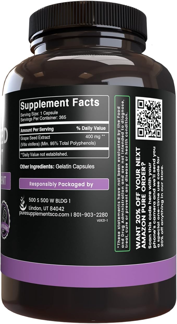 Pure Original Ingredients Grape Seed Extract (365 Capsules) No Magnesium Or Rice Fillers, Always Pure, Lab Verified