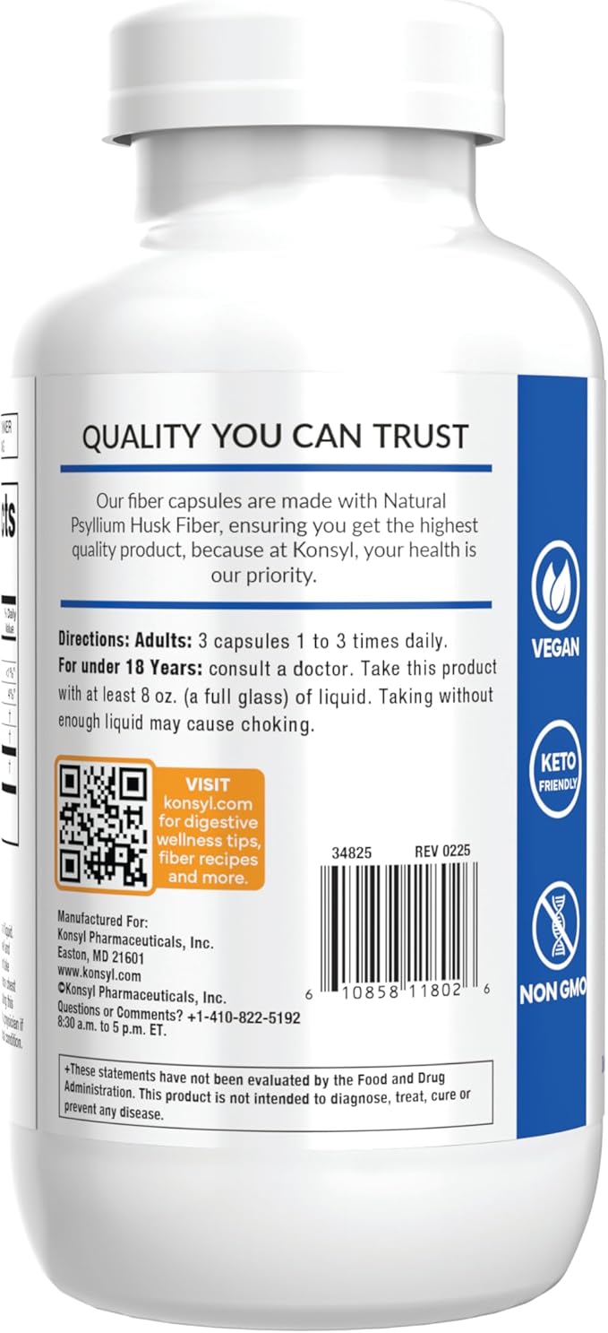 Konsyl Daily Psyllium Fiber Capsules - Contains 1500mg of All-Natural Psyllium Husk Powder per Serving - Supports Digestive Health and Weight Management Goals+ (500 Count (Pack of 1), Psyllium Husk)