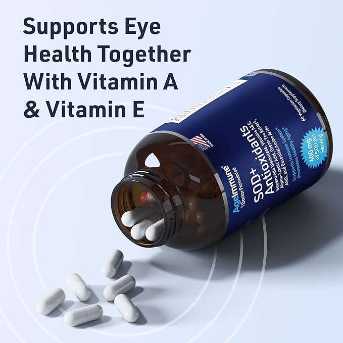 SOD Antioxidants Complex Healthy Aging Supplement - 400mg of Superoxide Dismutase - Alpha Lipoic Acid - L-Arginine -Lysine - AKG - Vitamin A - Vitamin E for Immune Support-60 Capsules