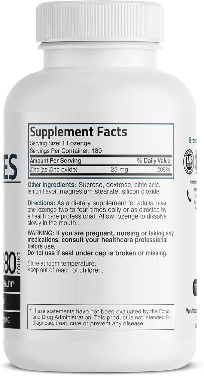 Bronson Zinc Lozenges Antioxidant & Immune Support Supplement Lemon Flavored, 180 Chewable Tablets