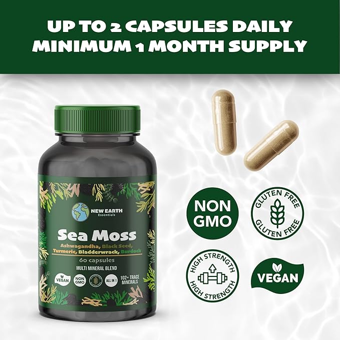 Sea Moss with Black Seed Oil, Ashwagandha, Turmeric, Bladderwrack, Burdock Root, Manuka Honey, Vitamin C & D3, Apple Cider Vinegar, Dandelion Root, Yellow Dock Root, Elderberry Fruit, Chlorophyll