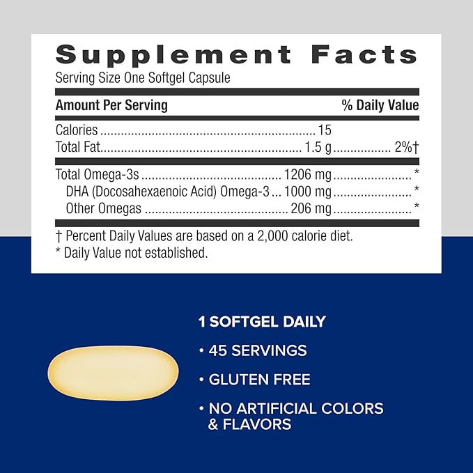 GNC Triple Strength DHA 1000 Omega 3 Supplement, 1000mg DHA, Supports Brain Development and Healthy Vision, 45 Softgels