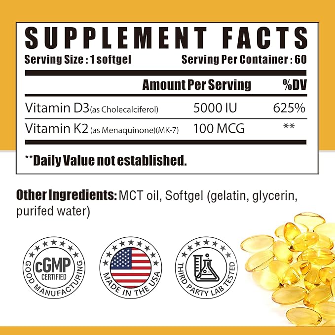 Vitamin D3 K2 with MCT Oil, Vitamin D3 5000 IU and K2 100mcg, Formula 2 in 1 for Bone and Heart Health, Gluten Free - 60 Count Softgels
