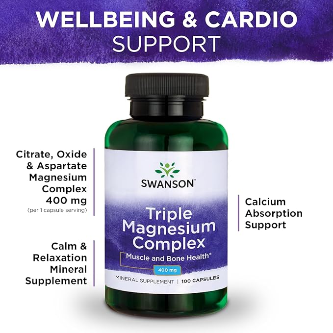 Swanson Triple Magnesium Complex - Mineral Supplement - Natural Support - Featuring Citrate, Oxide & Aspartate - (100 Capsules, 400mg Each)
