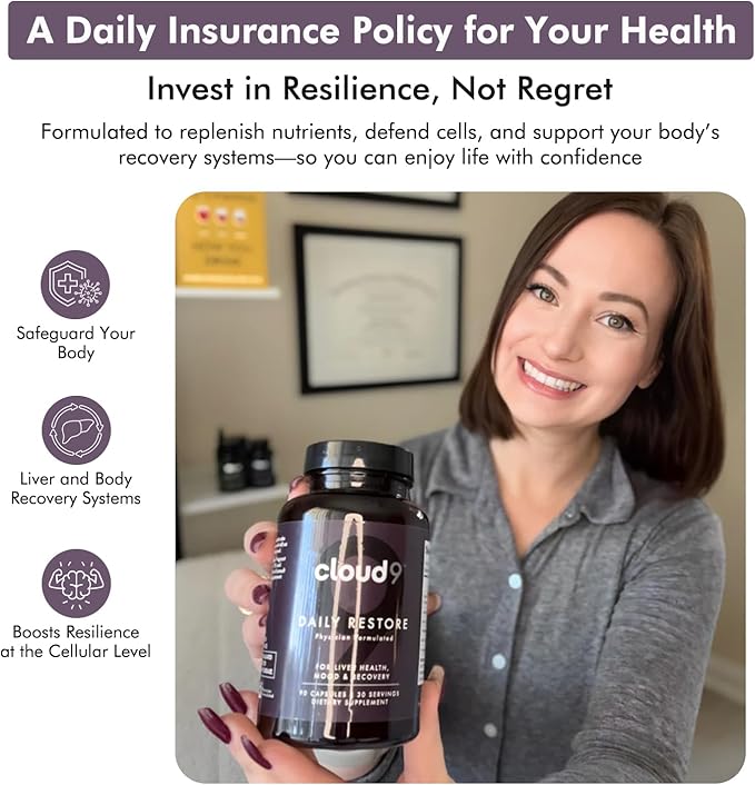 Cloud9 Daily Restore - Liver Support Supplement for Nutrient Replenishment & Cellular Defense - Energy Supplement with Essential Vitamins for Mental Health Support & Recovery After Drinking
