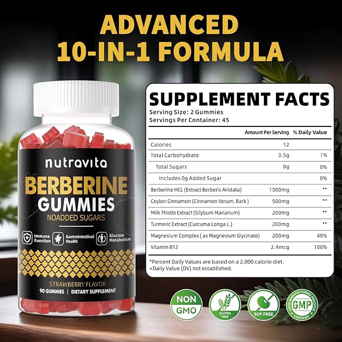 Berberine Gummies with Ceylon Cinnamon 1500mg High Potency Berberine HCL Supplement for Immune and Metabolism Support, Sugar Free Organic Berberine Gummies Strawberry Flavor-1PACK