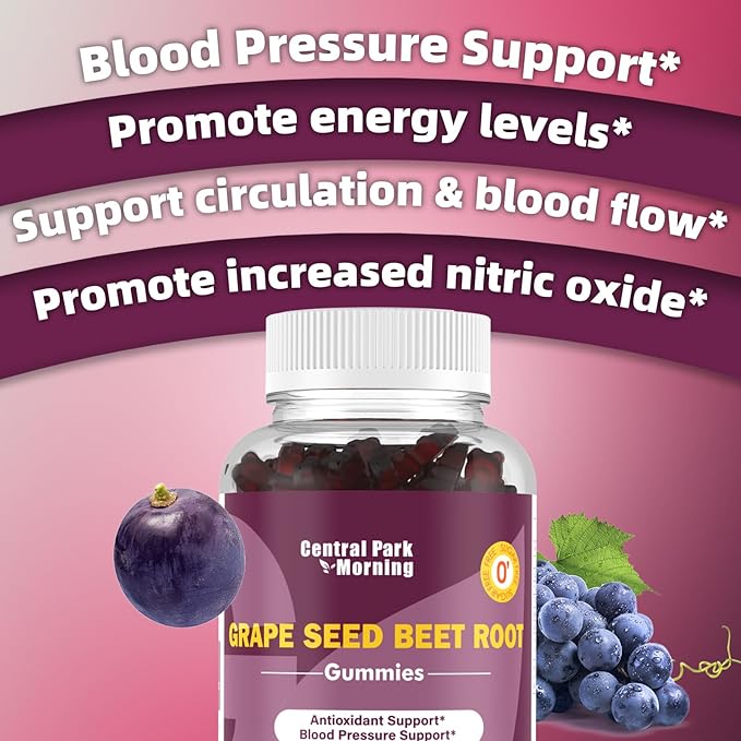 Grape Seed Sugar Beet Energy Gummies, Nitric Oxide and Blood Pressure Support, Grape Seed Extract & Non-GMO Beet Root Gummies, Grape Flavor