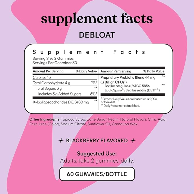 Lemme Debloat - Digestive & Gut Health Gummies with 2 Clinically Studied Probiotics & Prebiotic, 3 Billion CFUs - Vegetarian, Gluten Free, Non GMO, BlackBerry Flavor (60 Count) (Pack of 2)