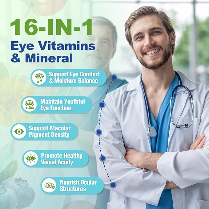 Eye Vitamins Lutein and Zeaxanthin for Adults, AREDS 2 Eye Vitamin and Mineral, Omega-3, Bilberry Extract - Carotenoid Blend, Support Eye Health, Strain, Comfort & Hydration (120 Capsules)