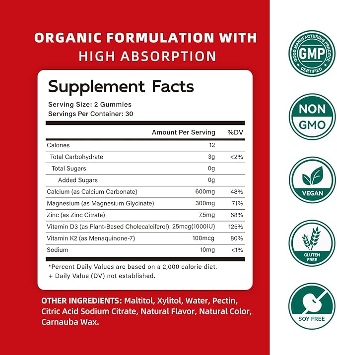 Calcium Magnesium Zinc Gummies with Vitamin D3 & K2 - High Potency Enhanced Absorption -60 Strawberry Gummies Flavored