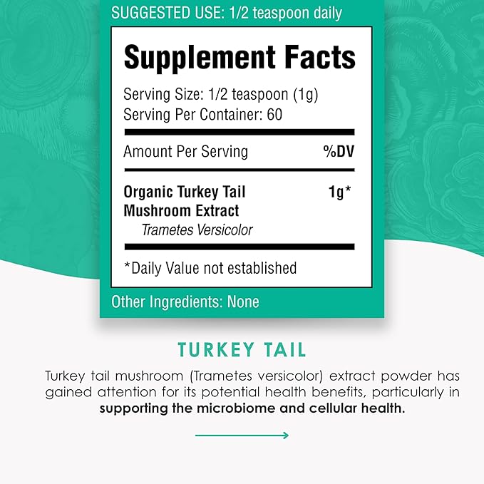 Turkey Tail Powder - Organic Mushroom Supplement with Powerful Turkey Tail Mushroom Extract for Microbiome & Cellular Support 60g