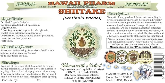 Shiitake Alcohol-Free Liquid Extract, Organic Shiitake (Lentinula Edodes) Dried Mushroom Glycerite Natural Herbal Supplement, Hawaii Pharm, USA 4x4 fl.oz