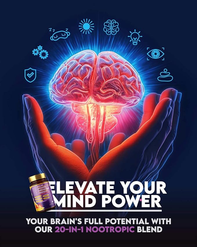 AJS Alpha GPC Nootropic Brain Supplement,Phosphatidylserine,St. John'sWort Ginkgo Biloba,Ashwagandha,Bacopa Monnieri,Pterostilbene,Magnesium Glycinate,Ginkgo Biloba,5-MTHF,Huperzine A 60CT,90 capsules
