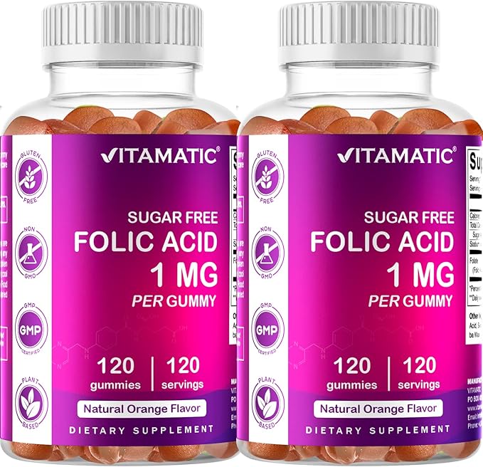 Vitamatic Folic Acid Gummies 1000 mcg (1 mg) - an Essential Prenatal Vitamins for Mom & Baby - Vitamin B9-120 Vegan Gummies (2)